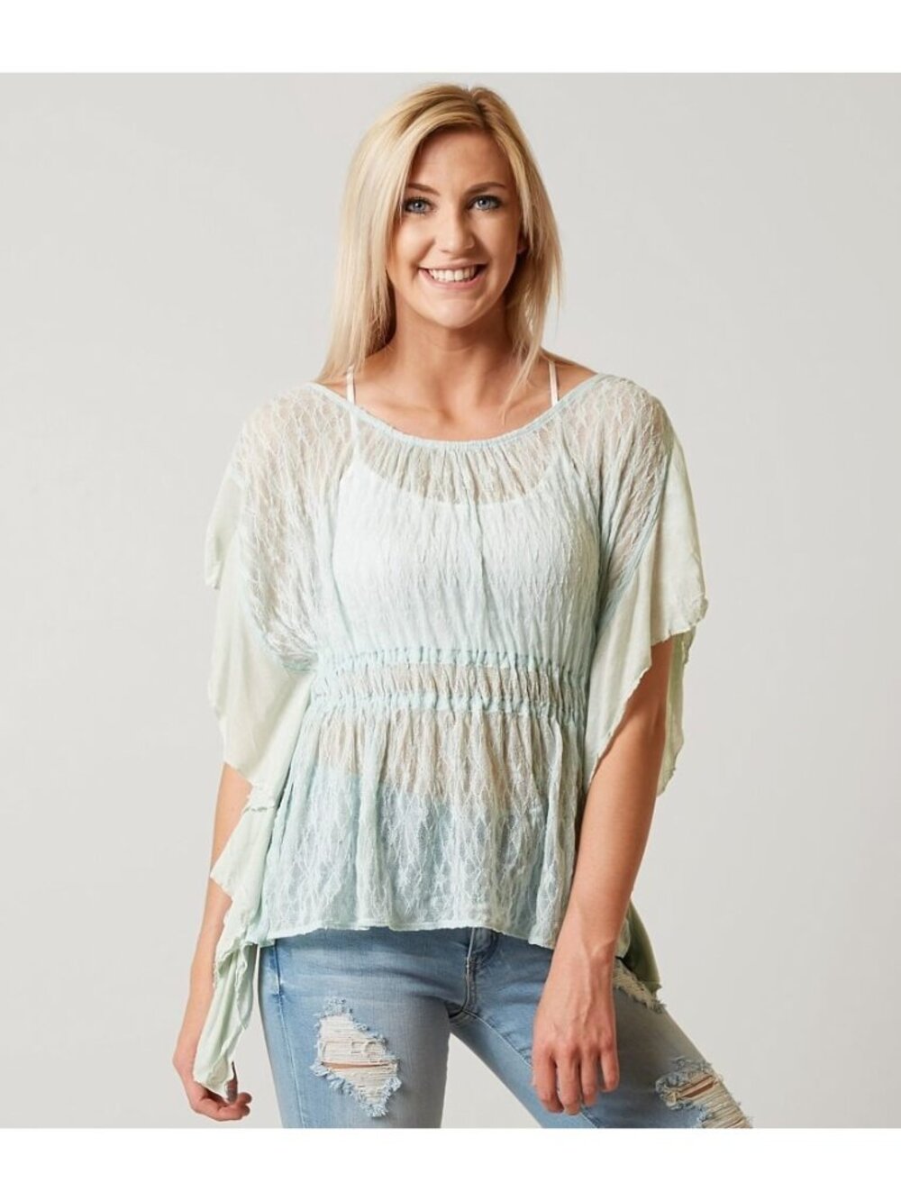 Free People Lace June Top Mint Green Sheer Fairy Whimsical Size Medium Women's